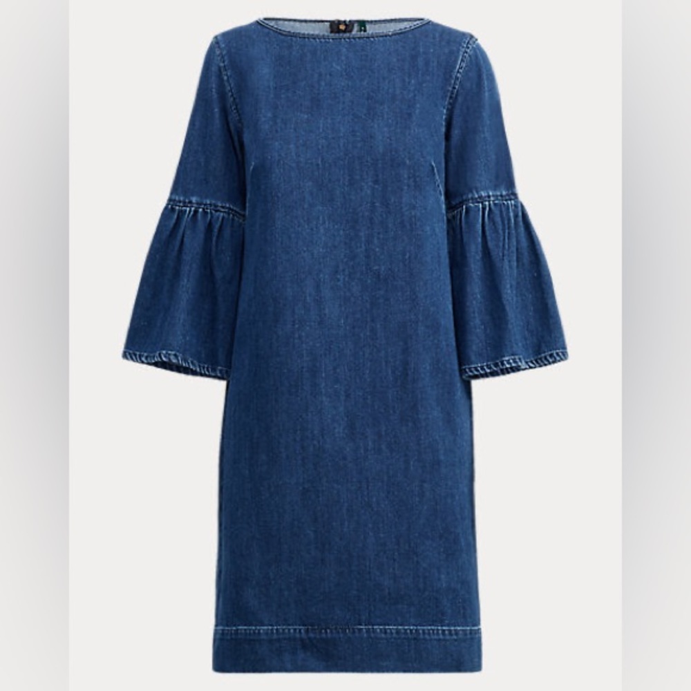 Ralph Lauren Women Denim Bell-Sleeve Shift Mini Dress Blue Size 6 Flounce - Picture 5 of 15